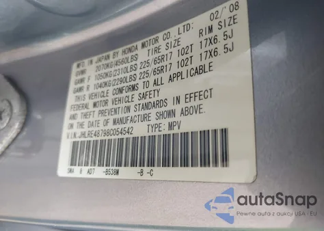 2008 Honda Cr-V Ex-L z USA, uszkodzony, nr VIN JHLRE48798C054542